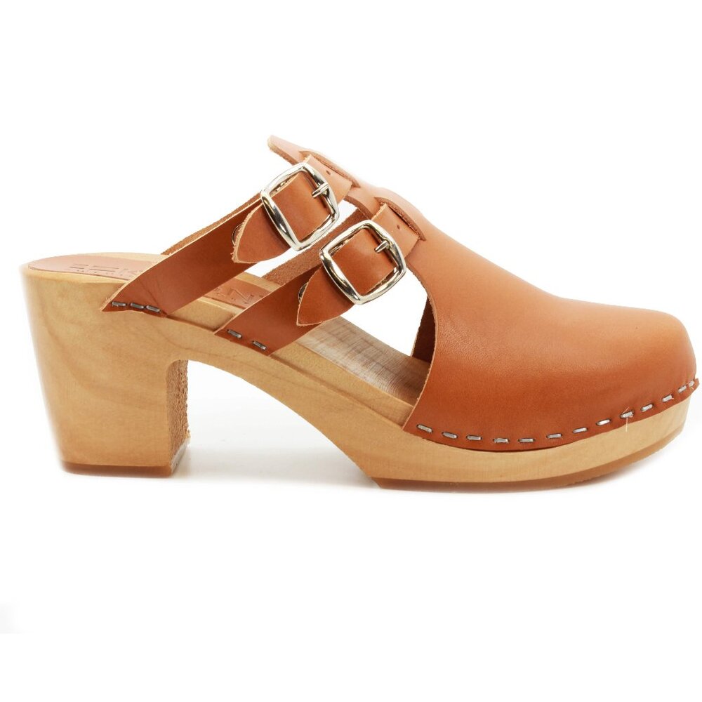 Brand New Klagn Brigetta Mid-Heel Fashion Leather Wooden Clog 38EU in Cognac - Picture 2 of 9